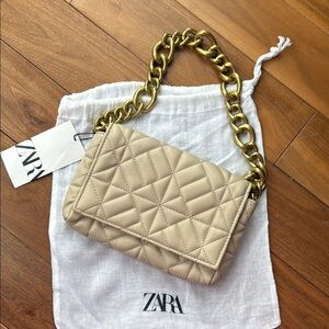Zara Beige Quilted Chain Shoulder Bag